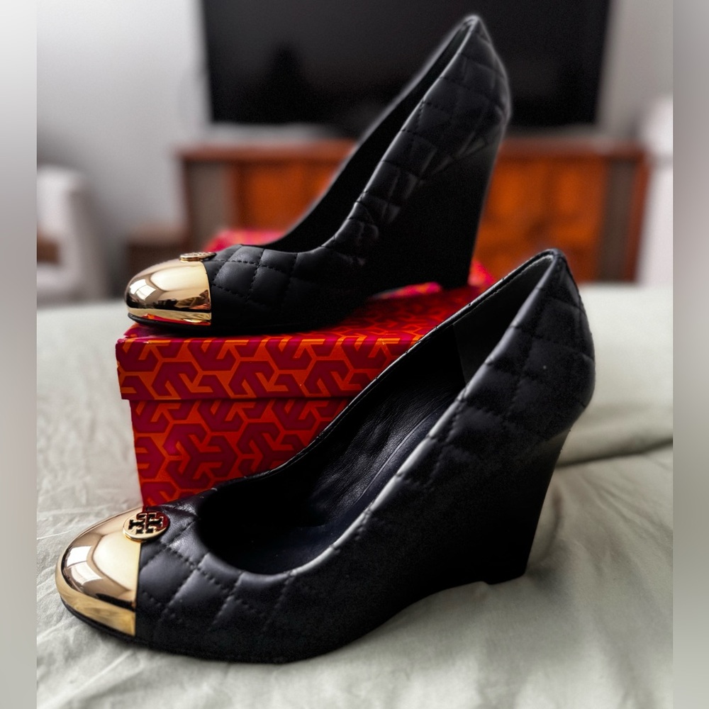 Tory Burch Black Quilted Wedges with Gold Accents